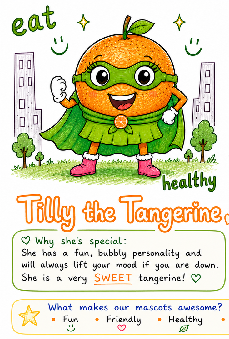 Tilly the Tangerine — 2nd place mascot designed by Ella Wills